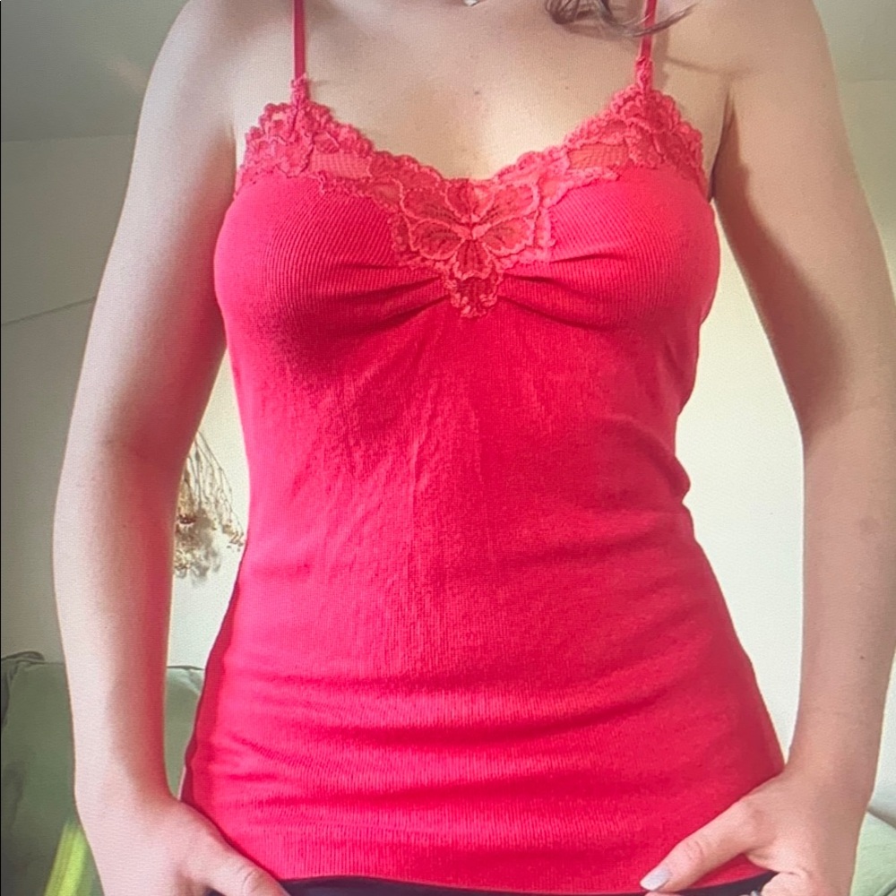 Red Lace Trim Camisole Top